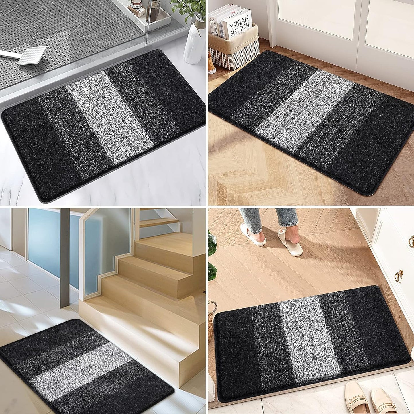 Kitinjoy Indoor Outdoor Door Mat, 40x32 Non-Slip Absorbent Dirt Trapper, Low-Profile Washable Inside Entrance Front Floor Mat, Sturdy Soft Entry Doormats for Entryway, Black