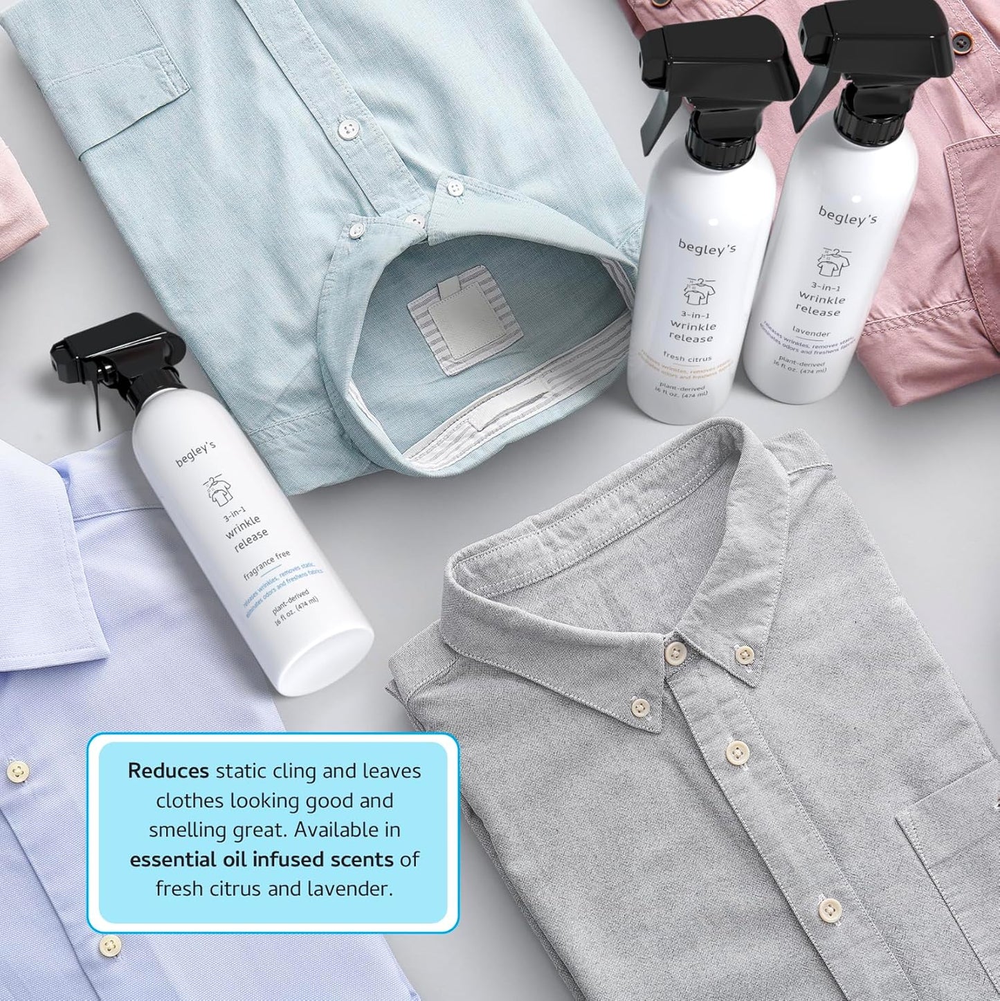 Begley's 3-in-1 Wrinkle Remover, Quick Fix Wrinkle Release, Static Cling Remover, Odor Eliminator and Fabric Refresher Spray - USDA Certified Biobased - Fragrance-Free, 16 oz, 2 Pack