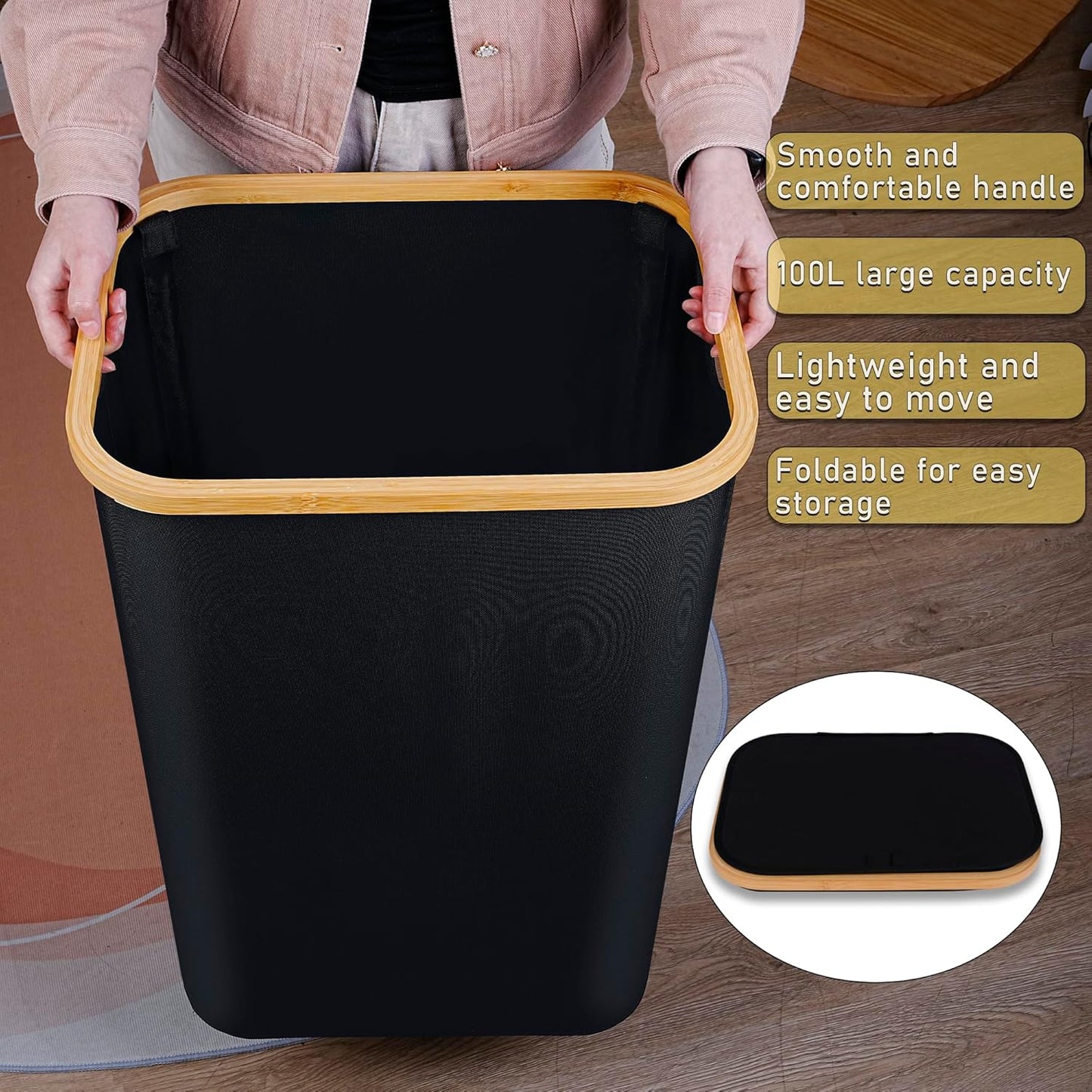100L Laundry Hamper with Lid, Lagre Basket with Bamboo Handles,Foldable Clothes Hamper Tall Dirty Laundry Basket for Clothes Toys Towels Organizing,Black