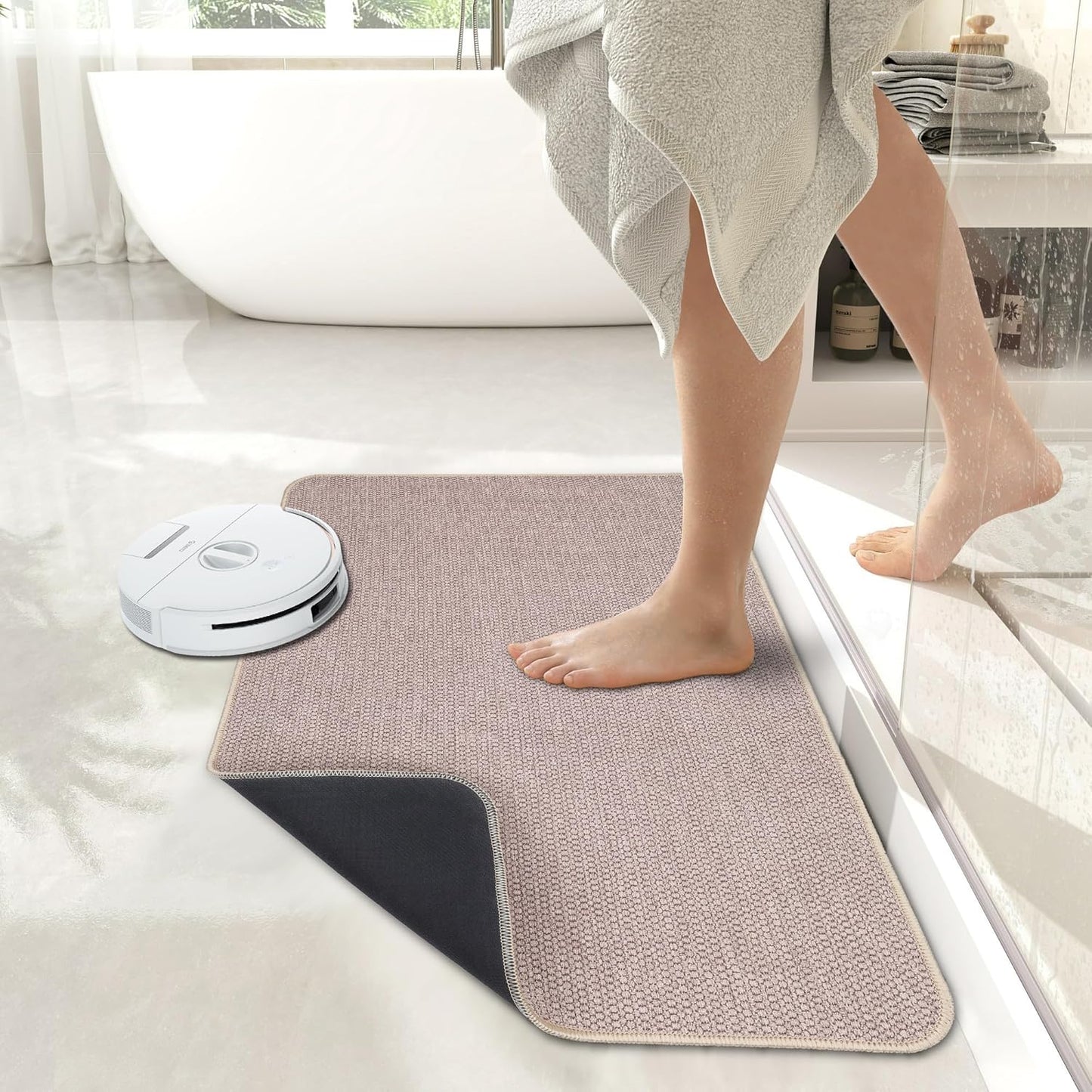 Bath Mat,Ultra Thin Bathroom Runner Rugs,Large Bath Mats for Bathroom,Quick Dry,Non-Slip,Machine Washable,Low Pile,Bath Rug,Shower Outside,Sink,Home Decor Accessories.Beige,1'5"x2'11"(17x35inch)