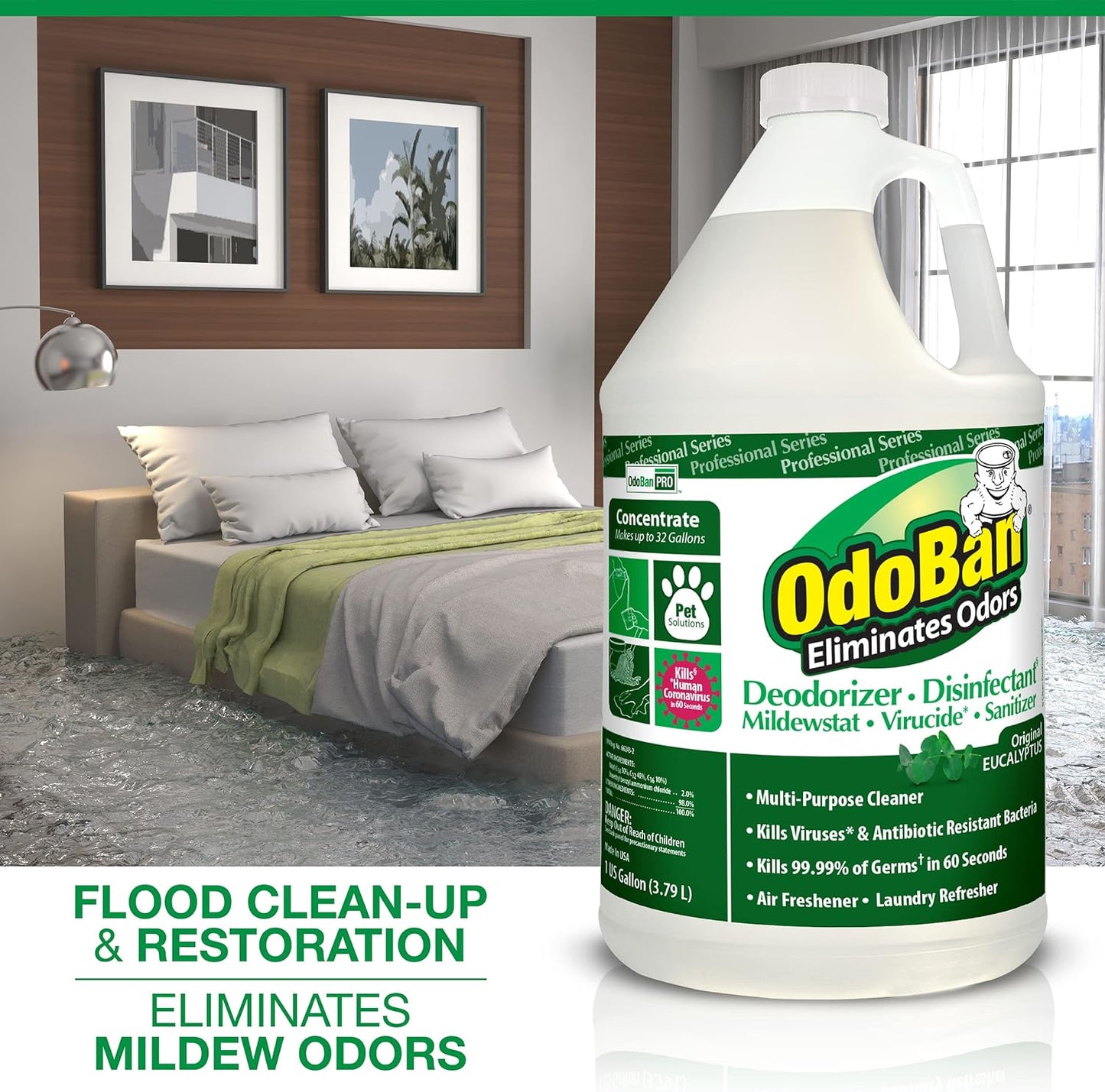 OdoBan Professional Disinfectant and Odor Eliminator Concentrate, 3-Pack, 1 Gallon Each, Original Eucalyptus Scent