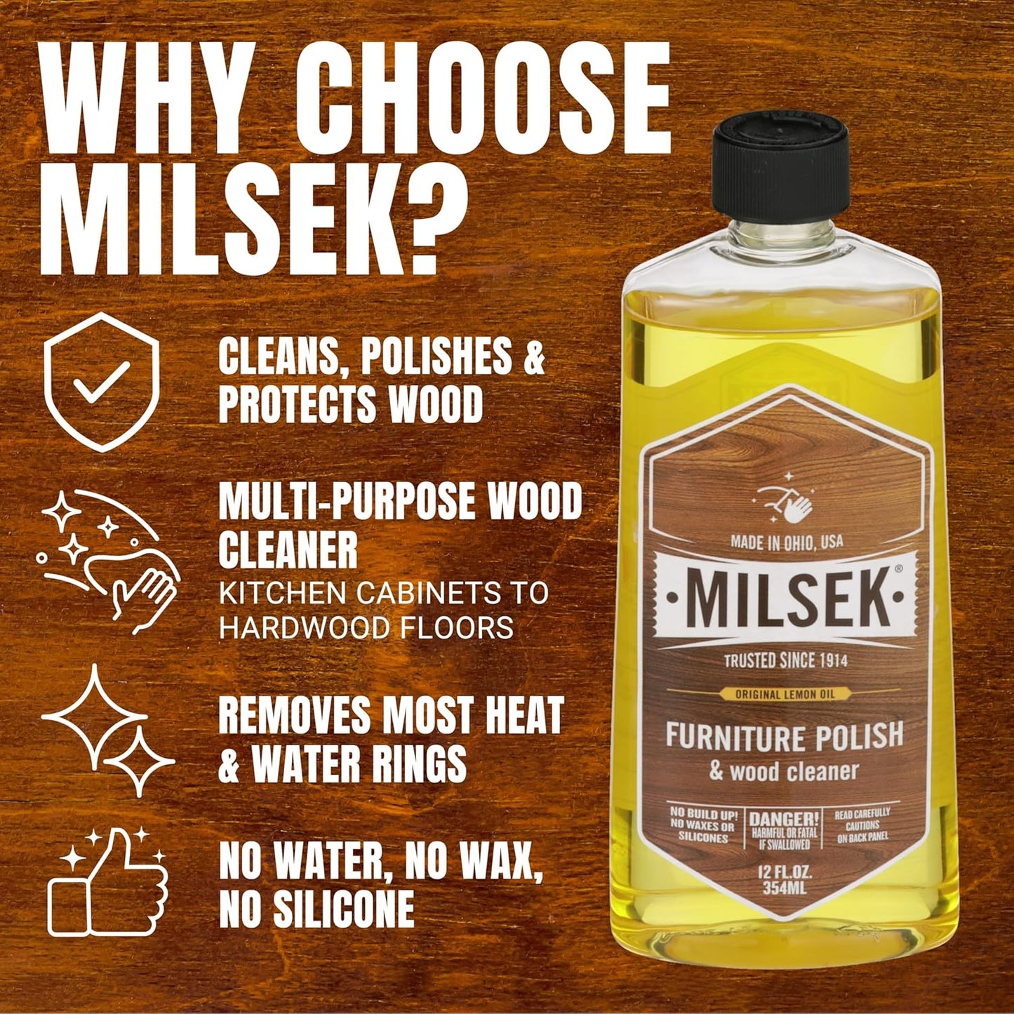 Milsek Furniture Polish and Wood Cleaner with Lemon Oil - Multipurpose Solution for Home Improvement from Hardwood Floors to Kitchen Cabinets - 12 Fl Oz (Pack of 4)