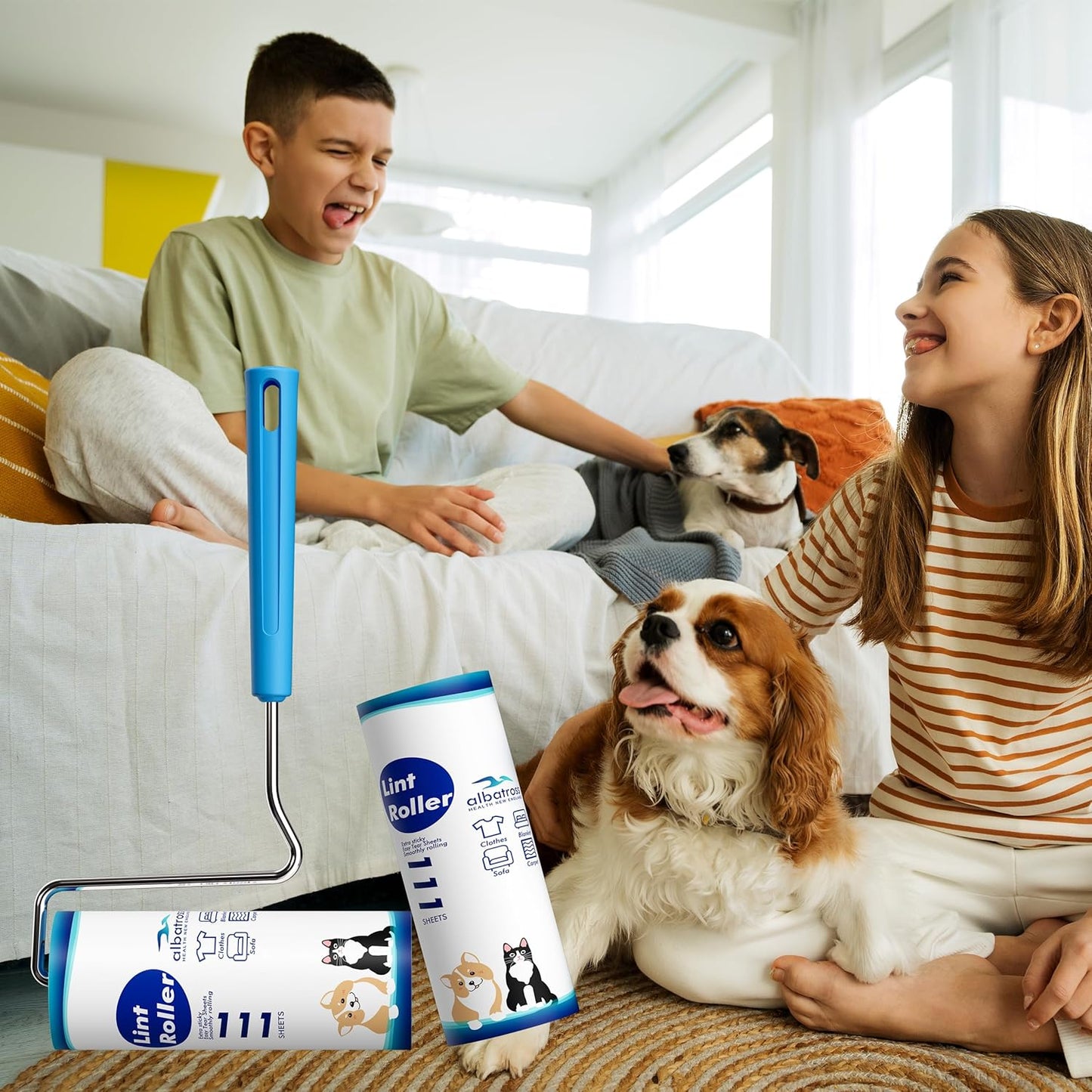 Large Surface Extra Sticky Lint Roller 6.3'', 444 Sheets Long Handle Pet Hair Removal, Dog and Cat Lint Remover for Clothes, Furniture, Carpet