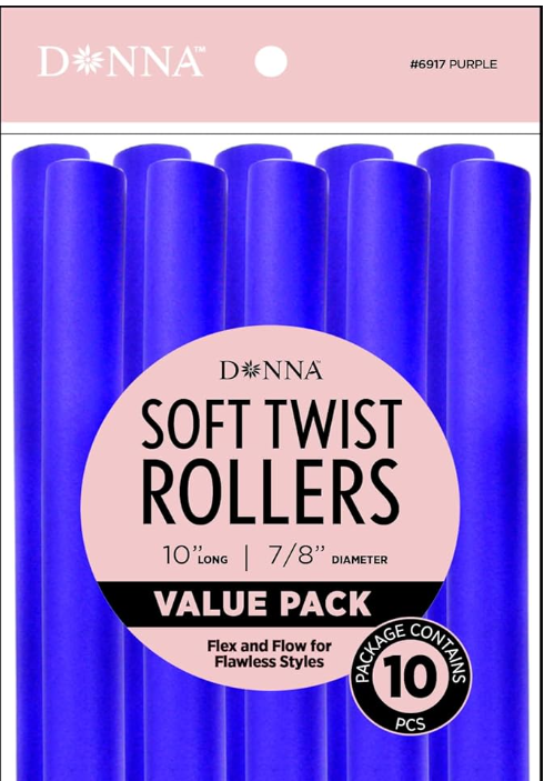 DONNA 10″ Soft Twist Hair Rollers – Flexible Foam Curlers for Heatless Styling, 7/8″ Diameter, Pack of 10 – Ideal for Natural Hair, Curls & Overnight Styles – Purple