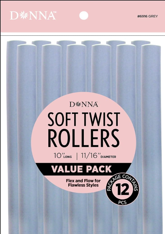 DONNA 10″ Soft Twist Hair Rollers – Flexible Foam Curlers for Heatless Styling – Ideal for Natural Hair, Curls & Overnight Styles (GRAY, 10")
