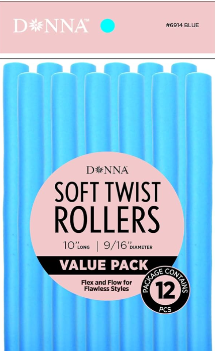 DONNA 10″ Soft Twist Hair Rollers – Flexible Foam Curlers for Heatless Styling – Ideal for Natural Hair, Curls & Overnight Styles (BLUE, 10")