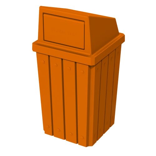 32 Gallon Square Slatted 100% Recycled Plastic Heavy-Duty Commercial Outdoor or Indoor Trash Can with Push Top Lid | Great for Schools and Businesses - Orange