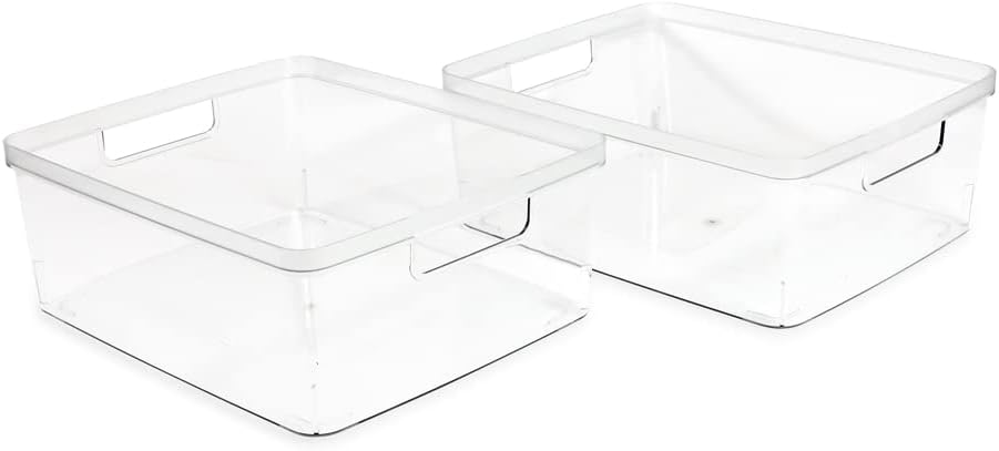 Isaac Jacobs 2-Pack Large Clear Storage Bins (11.5” L x 14” W x 5.5” H) w/Cutout Handles, Plastic Organizer for Home, Office, Kitchen, Fridge/Freezer, Bathroom, BPA Free, Food Safe (Large)