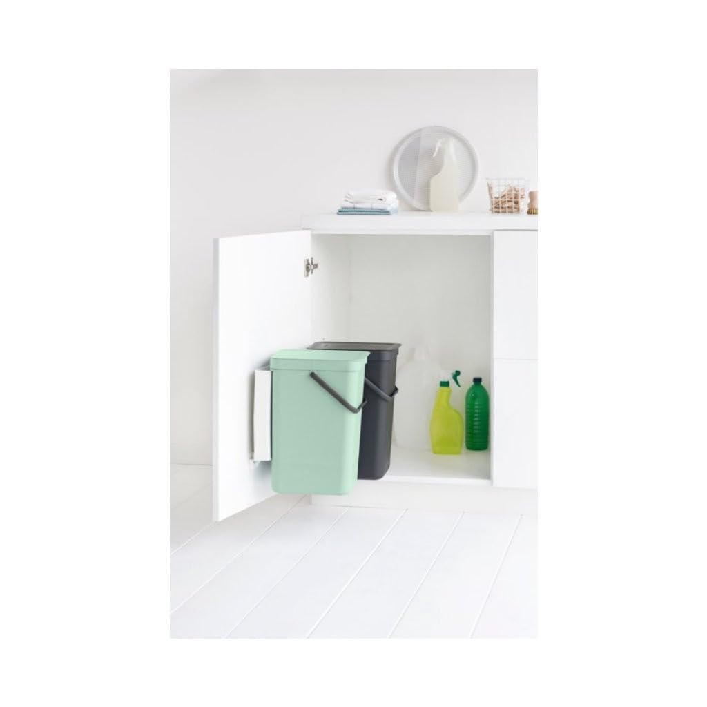 Brabantia Sort & Go Built-in Cupboard Recycling Cans (2 x 4.2 Gal/Dark Gray & Jade Green) Double Door Mounted Trash Organisers with Handles & Removable Lids