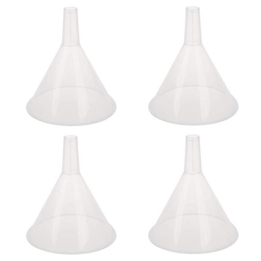 DEDC 4 Pack Clear Plastic Filter Funnel, Small Oil Funnels for Filling Bottles, Liquid Transfer Funnel for Kitchen, Laboratory, Garage, Car, 5.9 inch Dia Mouth