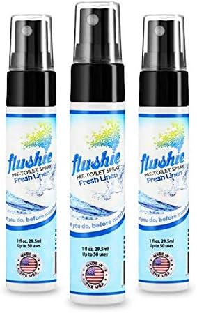 Flushie Pre-Toilet Spray Travel Size Toiletries Bathroom Spray for Toilet Deodorizer Traveling Essentials - Poop Odor Eliminator (Linen, 1oz 3pack)