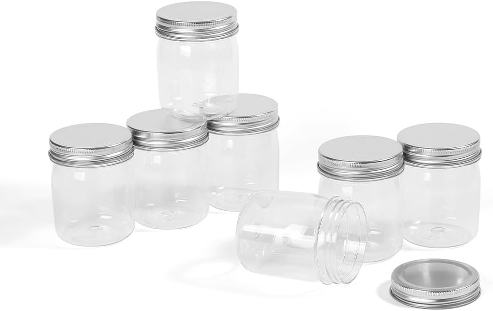 Plastic Mason Jars Reusable Storage Containers with Silver Airtight Lid 8 Ounce Clear Jars for Dry Foods, Coffee,BPA Free (16 Pack-Sliver)