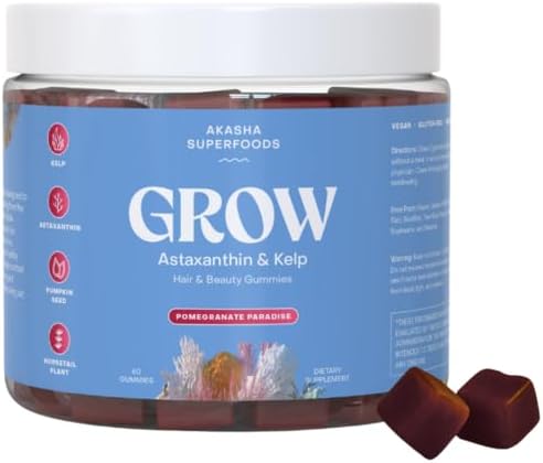 Akasha Superfoods Grow Hair & Beauty Gummies, Supplement with Zinc, Vitamin E, Astaxanthin, Kelp, & Pumpkin Seed, Plant Based Gummies for Women & Men, Gluten Free, Vegan, American Made, 60 Count