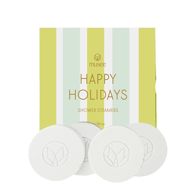 Musee | Happy Holidays Four Shower Steamers | Handmade in USA | Cruelty-Free & Paraben-Free | Vegan & Natural Ingredients | Holiday Gift Set for Women & Men | Aromatic Shower Experience