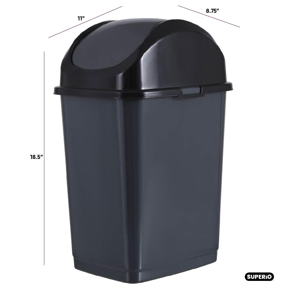 Superio Trash Can for Dorm Room with Lid 4.5 Gallon Plastic Garbage Can with Swing Top Lid, Medium Slim Waste Bin with Cover for Home, Kitchen, Office, Bedroom, Bathroom, College- 18 Qt (Dark Grey 2)
