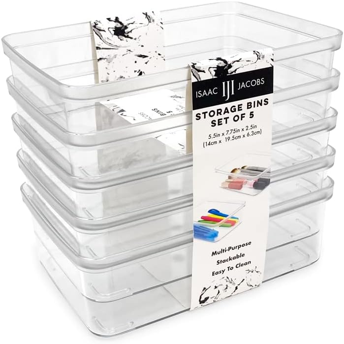 Isaac Jacobs 5-Pack Small Clear Storage Bins (5.5” L x 7.75” W x 2.5” H), Plastic Organizer for Home, Office, Kitchen, Fridge/Freezer, Desk, Bathroom, Drawers, BPA Free, Food Safe (5-Pack, Small)