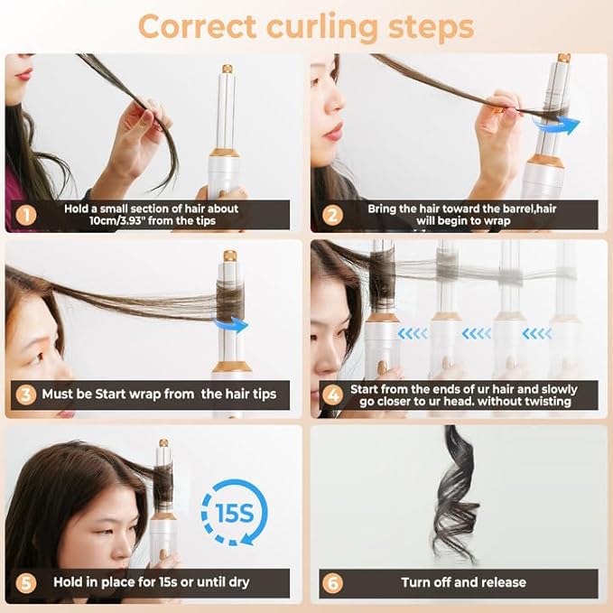 6 in ONE Blow Dryer Brush,Air Curling Iron Round Brush Blow Dryer 800W,Ionic Hair Dryer Brush for Women, Hot Air Brush Hair Styling Tools 100-120V (White Gold)