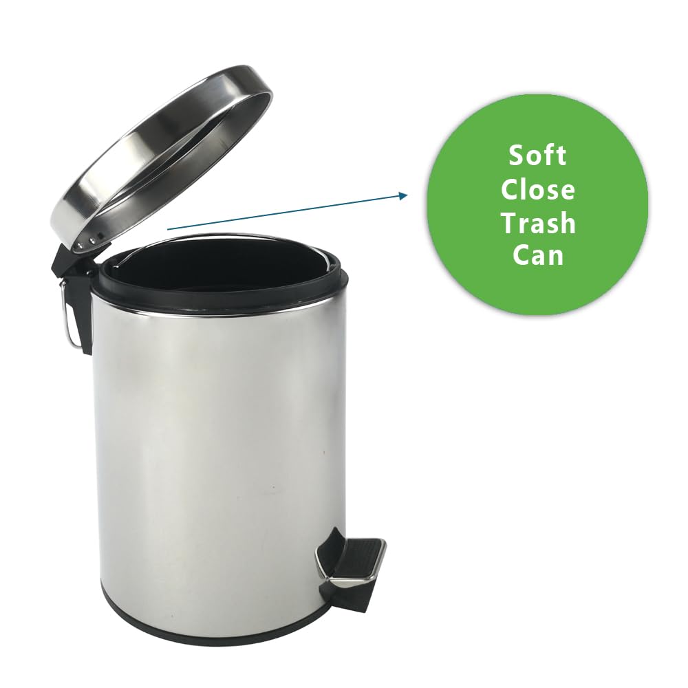 Stainless Steel Small Trash Can with Lid & Step Pedal - 5 Liters/1.3 Gallon Soft Close Waste Basket with Removeable Inner Bucket - Garbage Can for Bathroom, Bedroom, Kitchen & Office (Chrome)