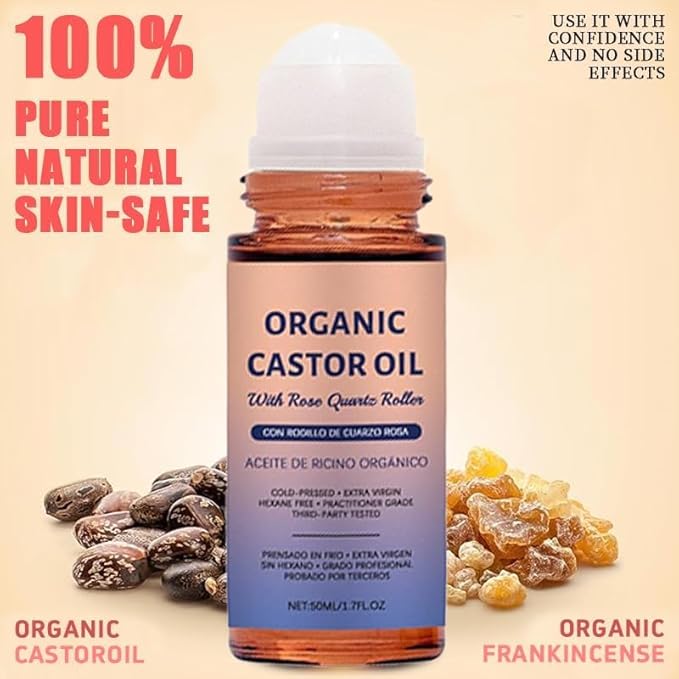 Organic Castor Oil with Rose Quartz Roller, Cold-Pressed Pure Organic Castor Oil Roller Ball for Hair Growth, Eyelashes, Eyebrows & Skin 1pcs