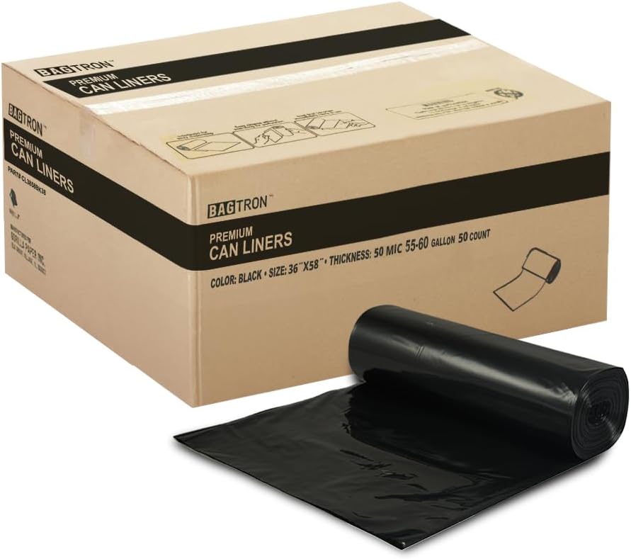 55-60 Gallon Trash Bags, 50 Micron Heavy Duty Pure LDPE Garbage Can Liners, 36" x 58" Large, Black, 50 Count