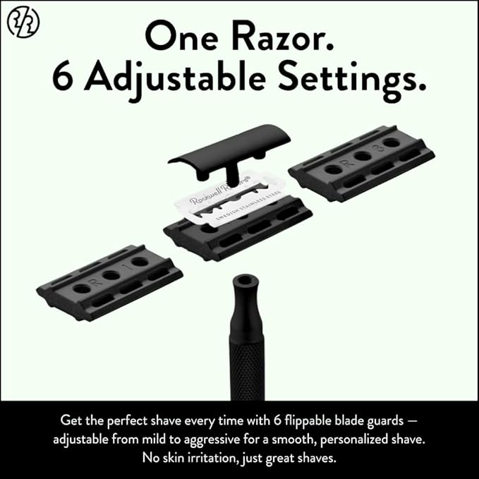 Rockwell Razors 6S Matte Black Safety Razor for Sensitive Skin. Reduces Razor Burn and Irritation. Comes with 6 Adjustable Shave Settings and 5 Recyclable Blades. Reusable Razor for Men and Women.