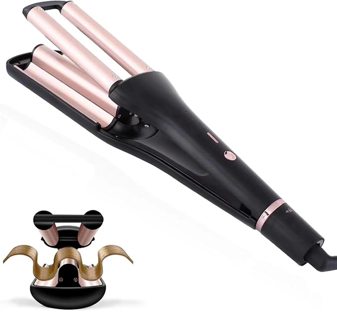 Hair Crimper for Women Beach Waves, Deep Waver Hair Tool for Long Hair, 3 Ceramic Barrel Curling Iron, Adjustable Depths and Temperatures, Dual Voltage