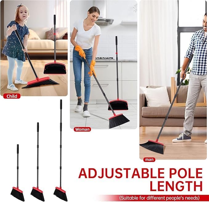 Broom and Dustpan Set – Upright Standing Broom with Long Handle and Clip-On Dustpan – Indoor Sweeping Set for Home, Office, or Kitchen – Space-Saving & Easy to Store (Red & Black)