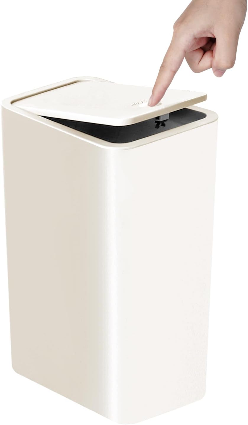 TIPGO Bathroom Trash Can with Lid, 10 Liter/ 2.6 Gallon Slim Garbage Can, Small Trash Bin Waste Basket with Pop-Up Lid for Kitchen, Bedroom, Living Room, Office (White)
