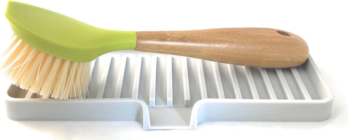 Happitasa Silicone Soap Dish Tray and Sponge Holder with Drain Chute | Bathroom and Kitchen Sink Organizer Caddy (Light Grey, 9"x3.5", 5.6 Ounces)