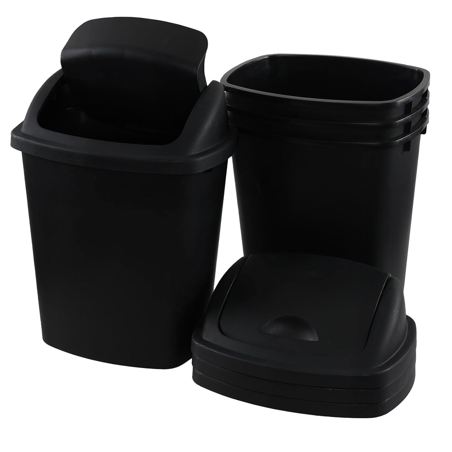6 Gallon Swing Top Trash Can Outdoor and Indoor Recycle Bin, Plastic Garbage Can with Swing-Lid, Black, 4-Pack