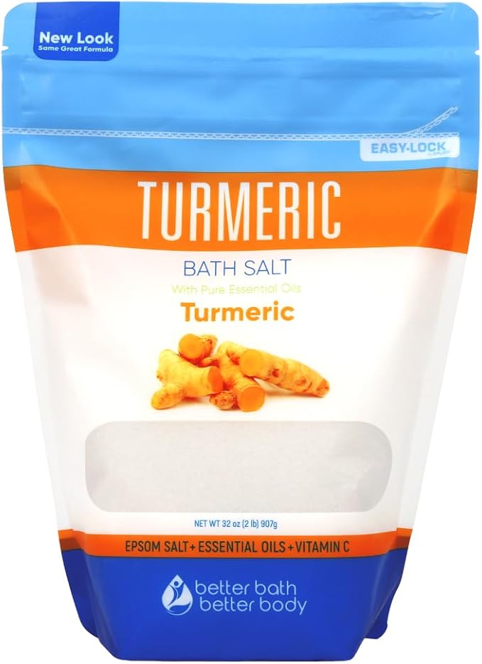 Turmeric Bath Salt 32 Oz Epsom Salt with Essential Oils Turmeric, Cinnamon, Orange Plus Vitamin C in BPA-Free Pouch with Easy Press-Lock Zipper | Natural Bath Soak to Relieve & Soothe | Made in USA