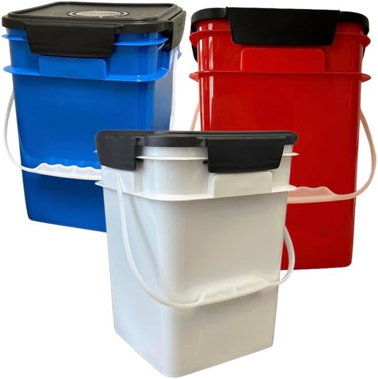 House Naturals 4 Gallon Square Food Grade Bucket Pail with Plastic Handles and Lid (Pack of 3) Made in USA containers (Blue/Red/White)