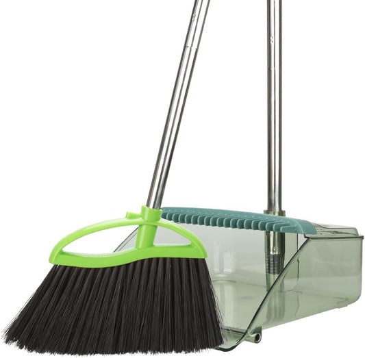 Soft Bristles Green Angle Broom and Dustpan Set, Long Handle Household Indoor Broom with Dustpan Combo Set for Room Kitchen Lobby Office Hardwood Floor Sweeping Floor Cleaning