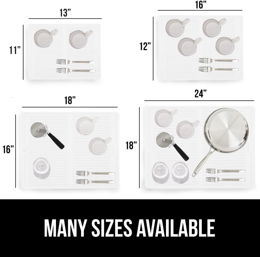 GORILLA GRIP 100% BPA-Free Patented Silicone Dish Drying Mat for Kitchen Counter, Water Catching Ribbed Design, Easy Clean Waterproof Sink Liner, Heat Resistant, Fits Under Rack, 13x11 Inch, White