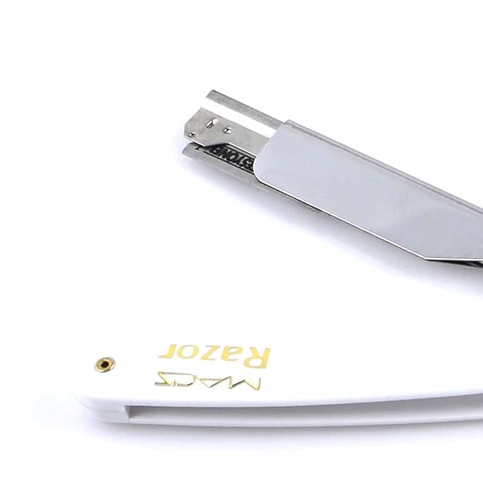MACS PROFESSIONAL Barber Straight Edge Razor with Hi-Chromium Derby 100 Count Blades - Made of Platinum Stainless Steel -With Easy Blades Replacement Mechanism -Macs-093B1 (White Razor W100 B)