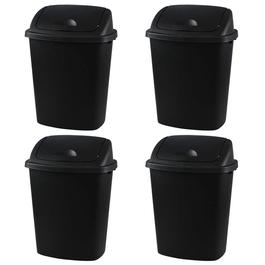Bringer Black 13 Gallon Kitchen Trash Can with Swing Lid, Plastic Swing Top Tall Garbage Can, 4-Pack