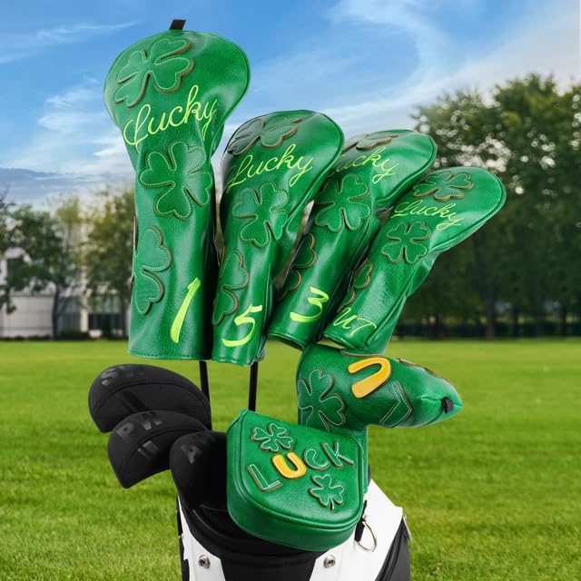 Golf Headcovers Golf Club Head Covers Four Leaf Clover Good Luck Charm - Clover Style Premium Leather Driver Fairway(FW) Wood Hybrid(UT) with Number Tags