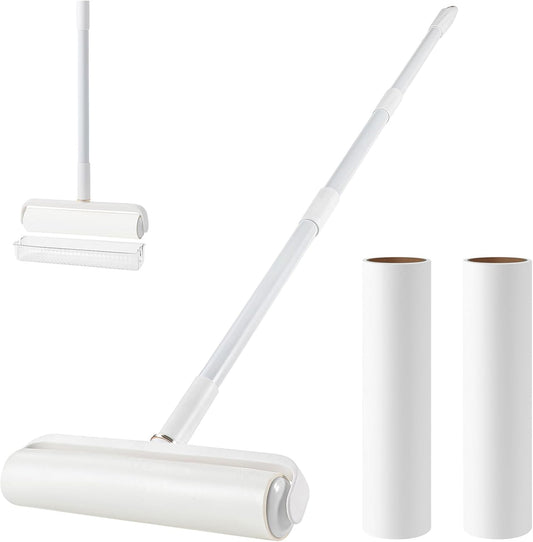 Floor Lint Roller Long Handle with Cover and 2 Refills for Pet Hair Extra Sticky Large 9.45 inch Lint Remover for Carpet Bedding Couch (Extra Long Handle & 3 Sticky Rolls)