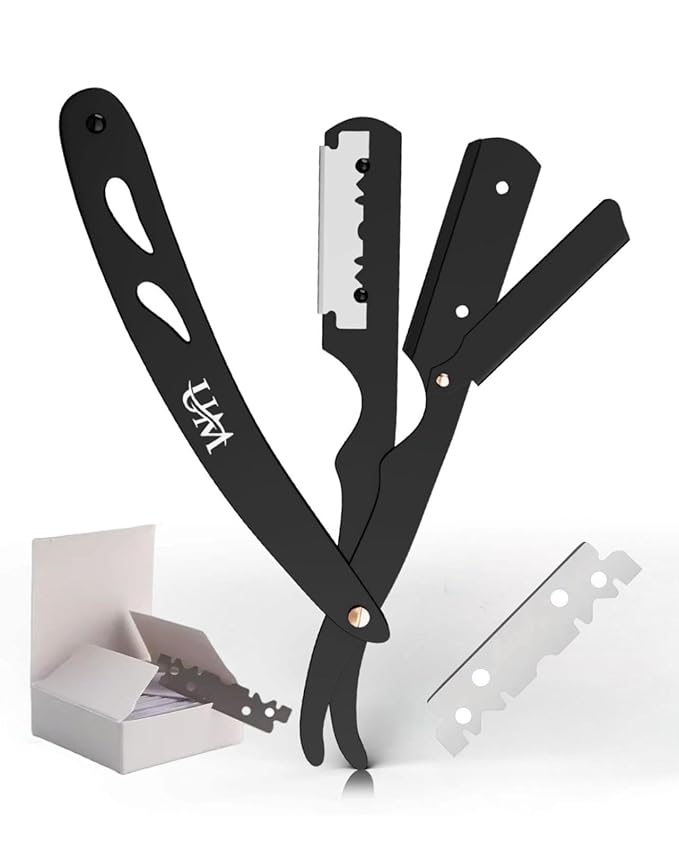UM Supplies Straight Edge Razor with 20 Replaceable Single Edge Blades kit | Men's Straight Shaving Razors | Navajas para Barbero