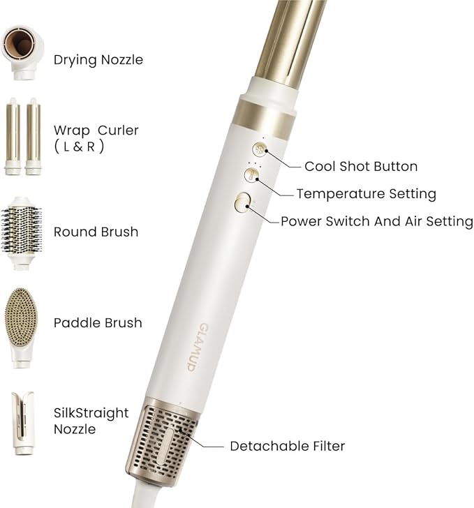 GLAMUP® 6 in 1 Hot Air Styler, Tight Grip, Powerful High Speed Dryer, Volumizer, Blow Dryer Brush, Curling Volumizing Hair Styler Gift Set with Travel Bag