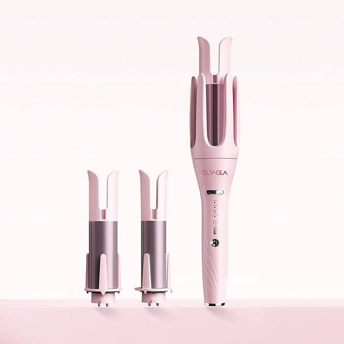 3 in 1 Automatic Curling Iron, Hair Curlers with 3 Curling Barrels (1" - 1.25" - 1.5"), Rotating Curling Iron with 3 Temp, 2-Way Rotation, 10S Fast Heating, Anti-Scald, Dual Voltage, Pink