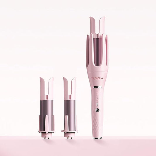 3 in 1 Automatic Curling Iron, Hair Curlers with 3 Curling Barrels (1" - 1.25" - 1.5"), Rotating Curling Iron with 3 Temp, 2-Way Rotation, 10S Fast Heating, Anti-Scald, Dual Voltage, Pink
