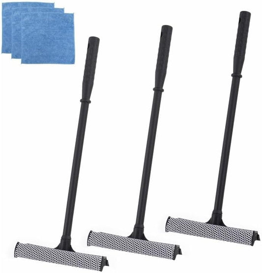 Matthew All Purpose Window Squeegee w/Premium Microfiber Cloth 3Pcs,Car Squeegee Windshield Cleaning Sponge and Rubber Squeegee,2-in-1 Window Cleaner Sponge(8'') and Soft Rubber with Pole 20''(3Pack)