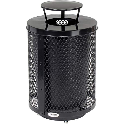 Global Industrial Outdoor Diamond Steel Trash Can with Rain Bonnet Lid, Raised Base and Plastic Liner, 36 Gallon Capacity, Black, Thermoplastic Coating, 23-1/2" Diameter, 43-1/2"H