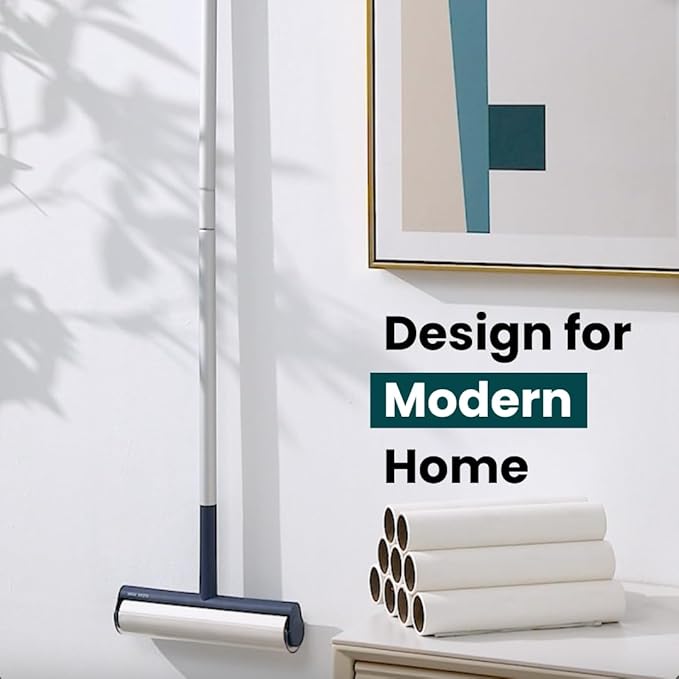 Large Lint Roller with Extra Sticky Roller and 420 Sheets 9.5" Wide, Floor Lint Roller Long Handle, Extendable to 41", Carpet, Couch, Pet Hair, Clothing Cleaning Supplies (White Roller + 7 Refills)