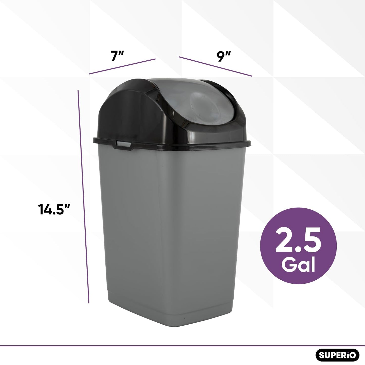 Superio Small 2.5 Gallon Plastic Trash Can with Swing Top Lid, Compact Slim Waste Bin for Under Desk, Office, Bedroom, Bathroom, Dorm Room, 10 Qt. Portable Garbage Can (Grey/Black, 2 Pack)
