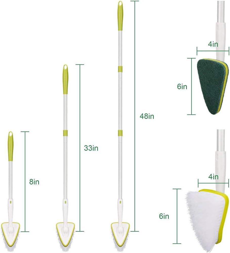 CQT 2 in 1 Bathroom Cleaning Brush with 48" Extendable Long Handle Detachable Scrub Brush with 2 Scrubber Heads and 2 Scouring Pad Head for Cleaning Bathtub Shower Bathroom Wall Bathtub Floor