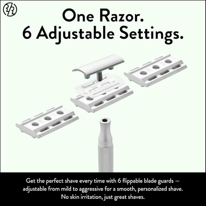 Rockwell Razors 6S Matte Silver Safety Razor for Sensitive Skin. Reduces Razor Burn and Irritation. Comes with 6 Adjustable Shave Settings and 5 Recyclable Blades. Reusable Razor for Men and Women.