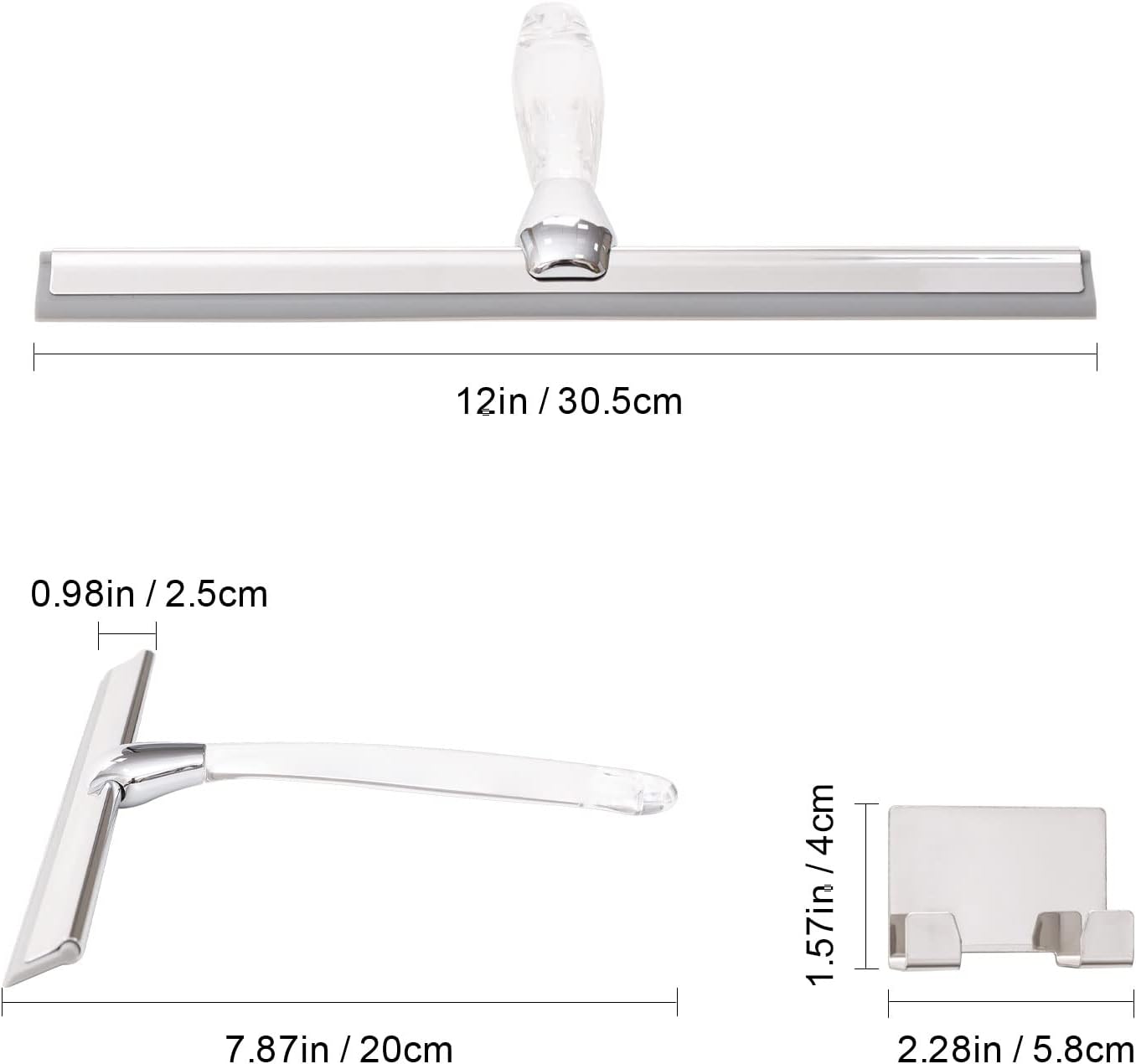 Ettori Shower Squeegee for Glass Door, Squeegee for Shower Glass Door, Bathroom, Window and Car Glass, 12 Inches with Clear Acrylic Handle