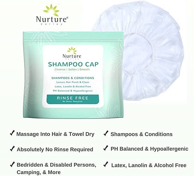 No Water Rinse Free Shampoo Cap by Nurture | Microwavable Washing & Conditioning Shower Caps to Wash Hair w/o Bath | Waterless Bathing | Disposable & Hypoallergenic for Adults, Bedridden & Elderly